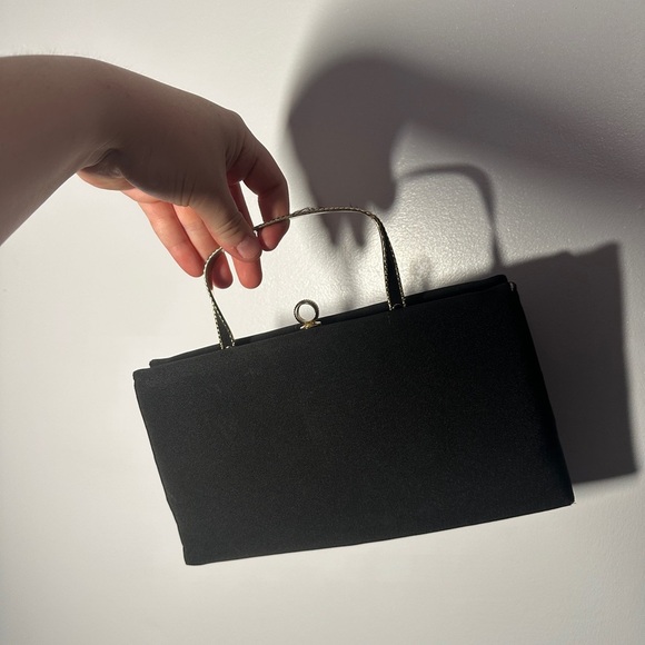 vintage 90s after five black clutch with collapsible gold handle - Picture 2 of 12